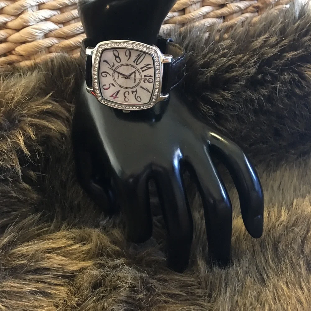 Ladies Embassy black leather rhinestone watch